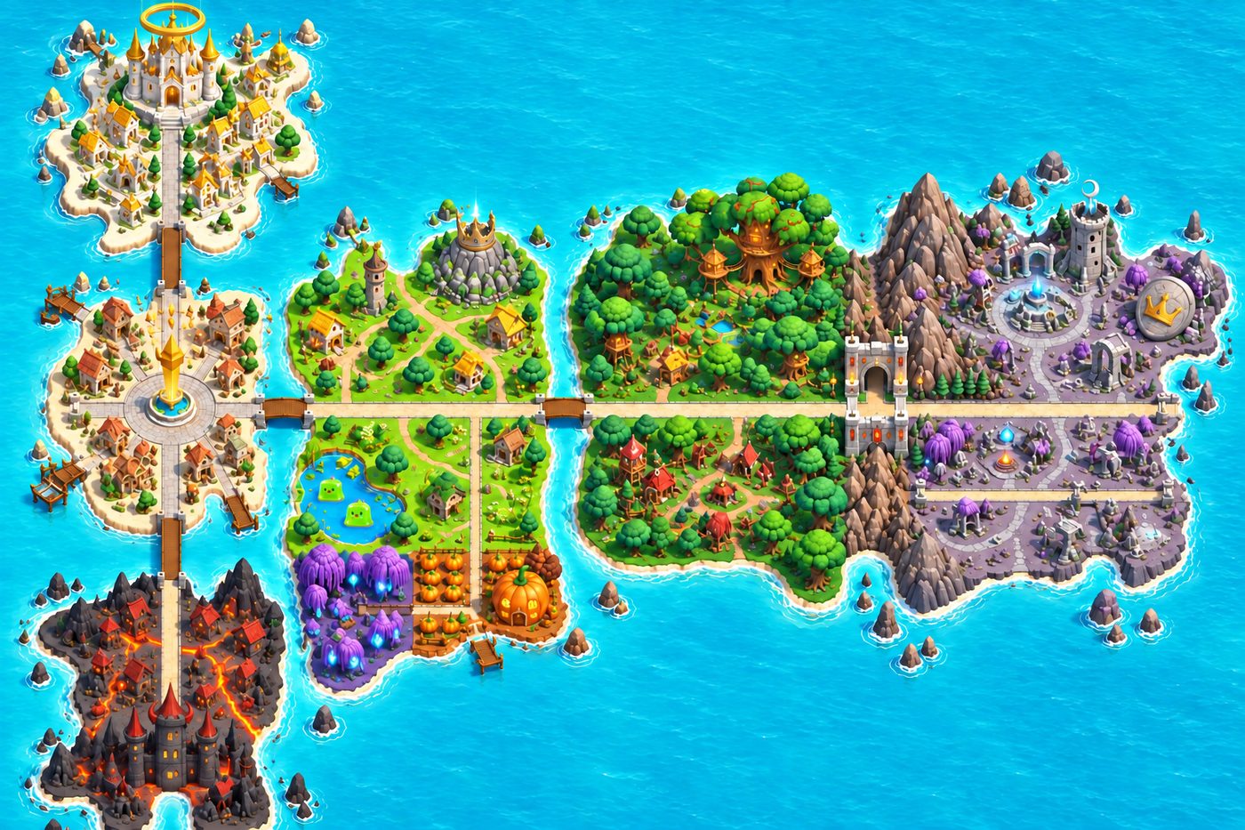 Painted world map of Halo & Horns: the white Halo town at the top left, the lava Horns fortress at the bottom left, and meadow, pumpkin patch, woods and ruins islands joined by bridges.