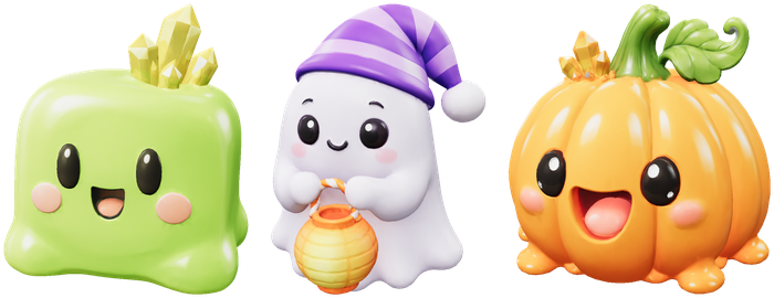 Three friendly 3D monsters: a crystal-topped slime cube, a little ghost with a lantern, and a smiling pumpkin slime.